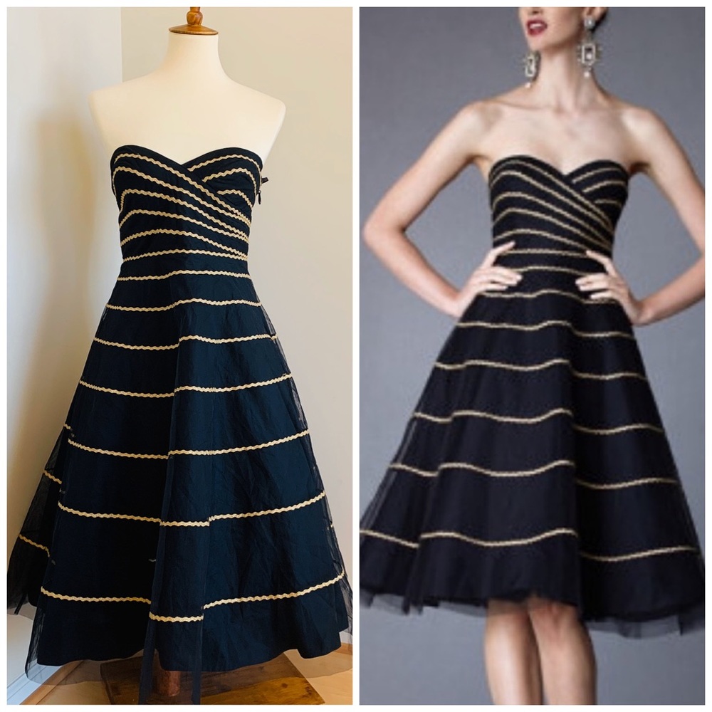 Hitherto (ANTHRO) black strapless dress, gold stri - Picture 1 of 8